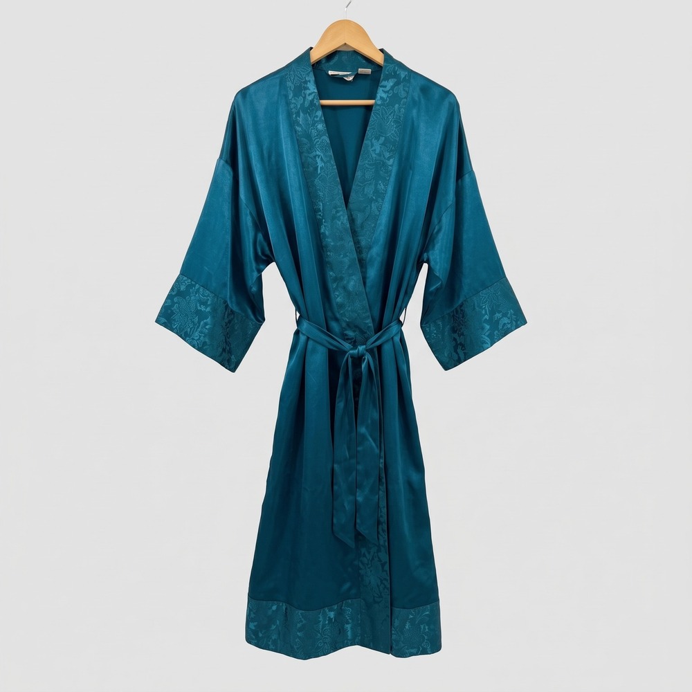 VTG 90s Victorias Secret Gold Label Teal Satin Jacquard Trim Robe One Size OS
